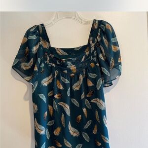 LOFT Feather Print Blouse- Teal